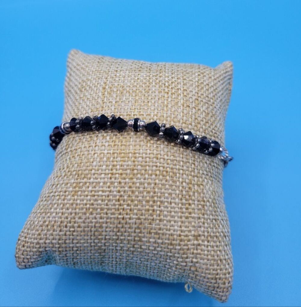 Modern Sterling Silver Black Beaded Glass and Clear glass Bracelet